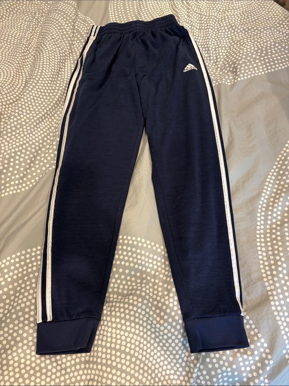 Adidas Navy and White Kids Joggers with Signature Side Stripes size 14/16 (L)